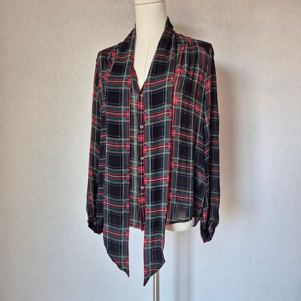 Polo by Ralph Lauren Black Navy Red Plaid Tie-Neck Blouse - Picture 4 of 13